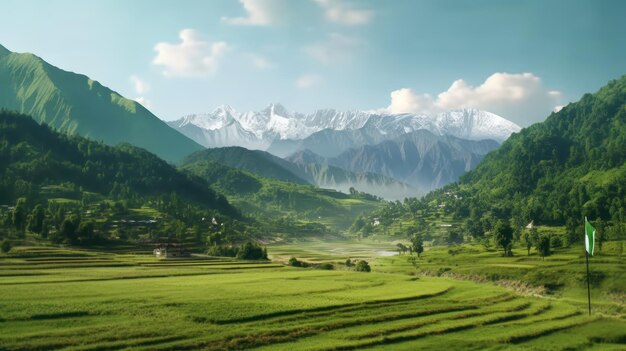 Un campo verde con montañas al fondo.