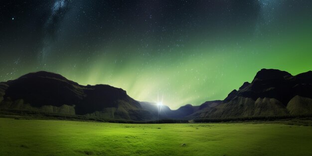 Un campo verde con montañas y una luz que tiene la palabra aurora