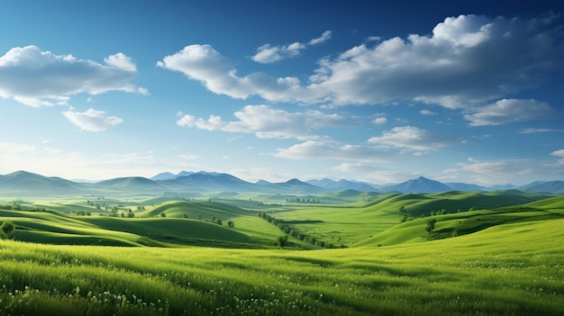 Campo verde panorama natural com fundo de céu azul nublado da Groenlândia