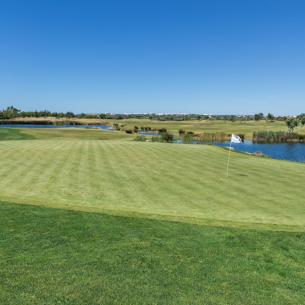 Campo verde para o golfe com uma bandeira.