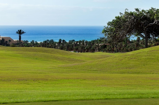 campo verde para praticar golfe com praia ao fundo