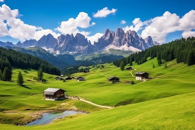 Foto un campo verde con pequeñas casas y montañas en el fondo