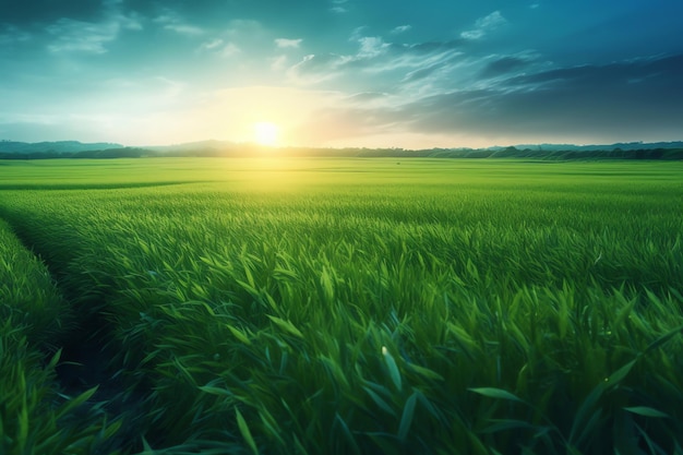 Campo verde con la puesta de sol detrás de él