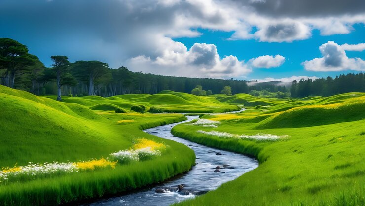 un campo verde con un río corriendo a través de él