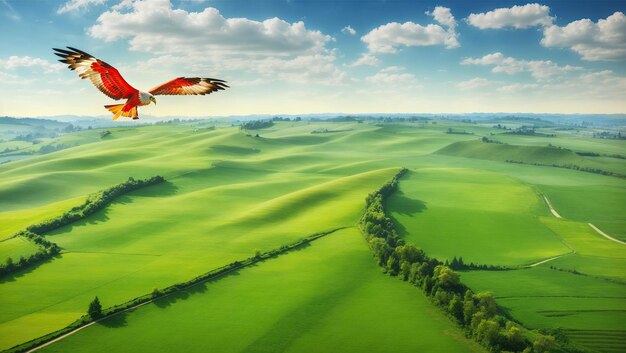 El campo verde de la serenidad aérea y la cometa roja