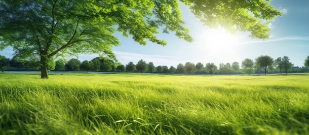 Foto campo verde soleado con fondo de cielo con árboles en el estilo de lienzo de forma borrosa