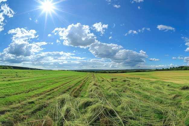 Un campo verde vibrante bajo un cielo azul en un día soleado.