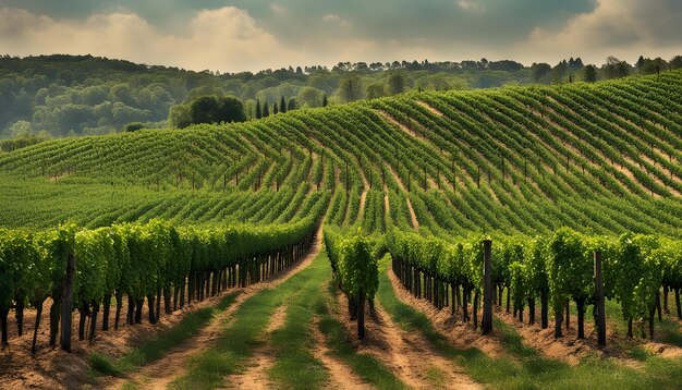 un campo verde con una vista de un viñedo