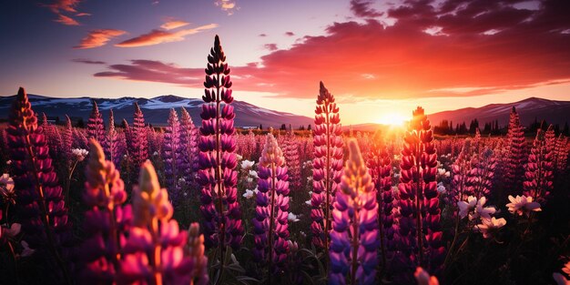 Un campo vibrante de lupino en plena flor