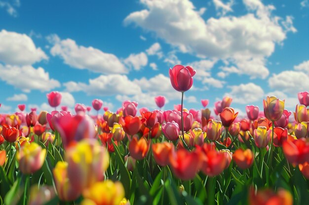 Un campo vibrante de tulipanes en plena floración