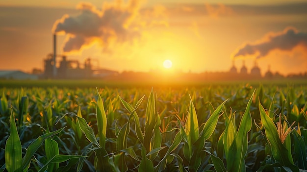 Un campo de vibrantes tallos de maíz genéticamente modificados que se extienden hacia el sol con un biocombustible cercano