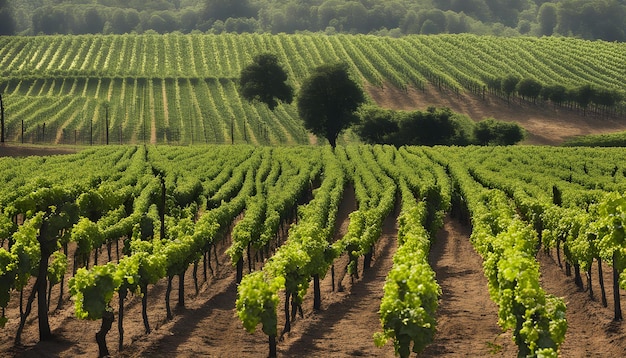 un campo de vides con un árbol en el fondo