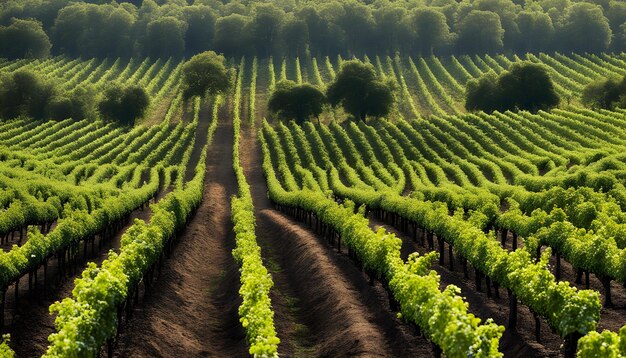 Foto un campo de vides verdes con un árbol en el fondo