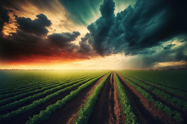 Campos agrícolas negros y verdes y puesta de sol en las nubes Campo agrícola del sur de Ucrania