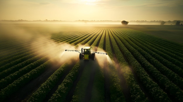 Campos al atardecer Toma aérea de un tractor rociando soja al atardecer