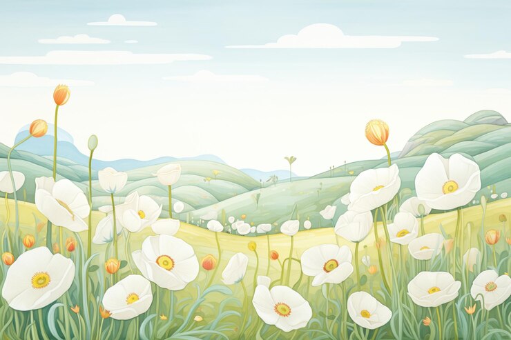 Campos de amapolas blancas balanceándose en la brisa