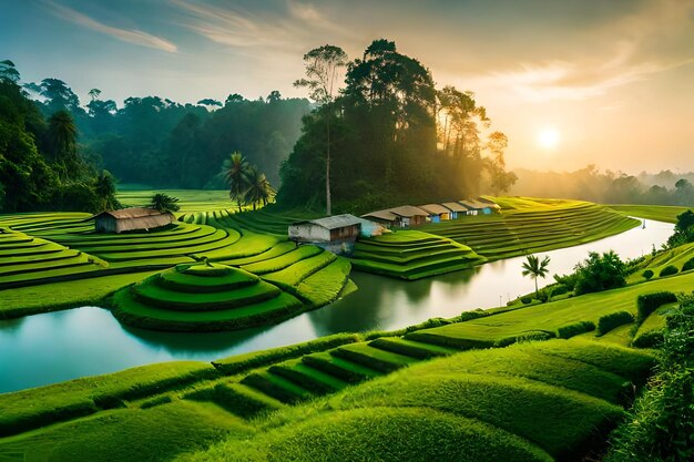 Los campos de arroz están ubicados en la selva.