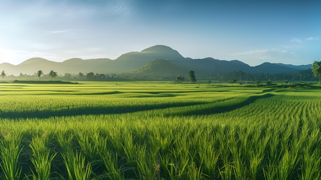 Campos de arroz de panorama en la luz de la mañana