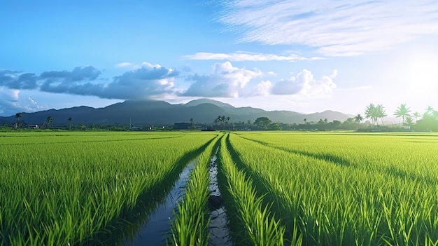 Campos de arroz de panorama en la luz de la mañana