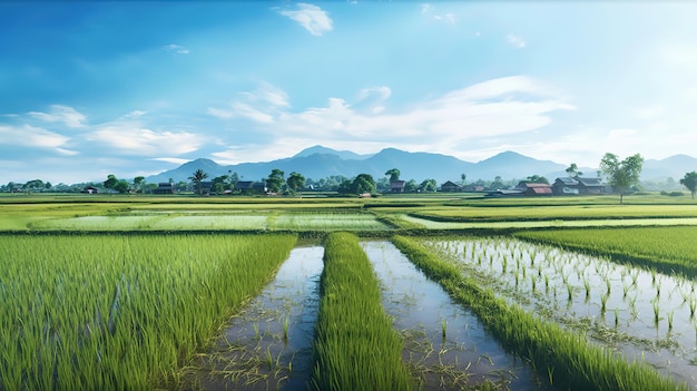 Campos de arroz de panorama en la luz de la mañana