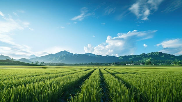 campos de arroz panorámicos a la luz de la mañana con cielo azul