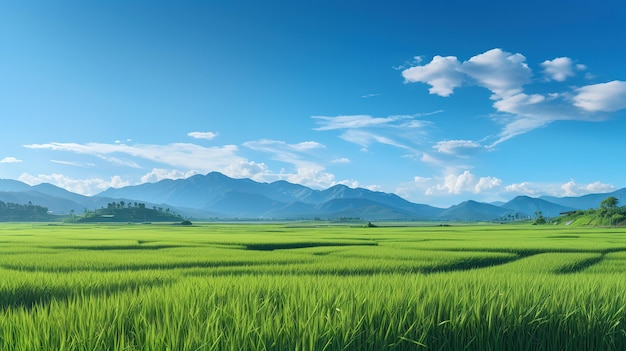 campos de arroz panorámicos a la luz de la mañana con cielo azul