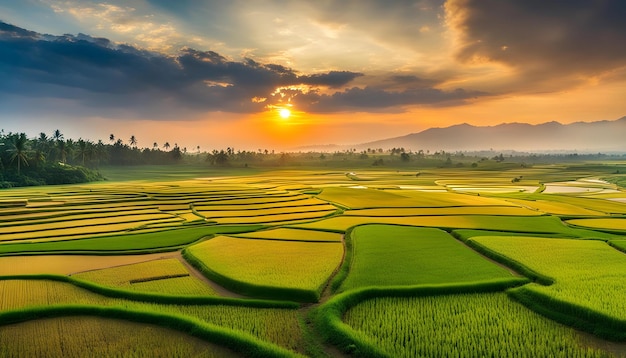 campos de arroz en la puesta de sol