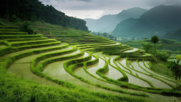 Foto campos de arroz en la terraza en la temporada de lluvias en mu cang chai yen bai vietnam