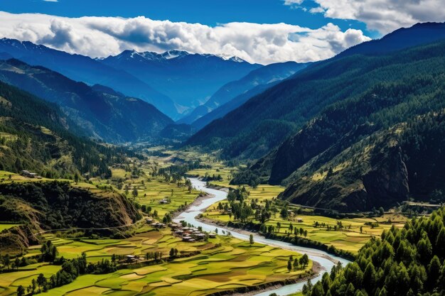 Campos de arroz en terrazas en el Himalaya Nepal Vista panorámica desde arriba del paisaje del valle de Paro Bután AI Generado