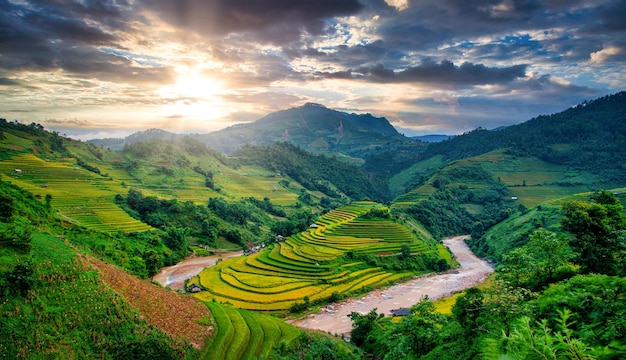 Foto campos de arroz en terrazas con pabellón de madera al atardecer en mu cang chai yenbai vietnam