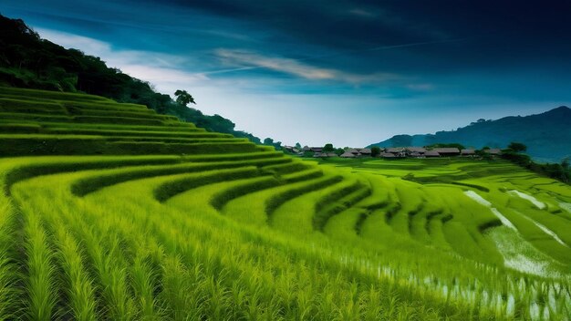 Foto campos de arroz en terrazas en la temporada de lluvias en mu cang chai vietnam