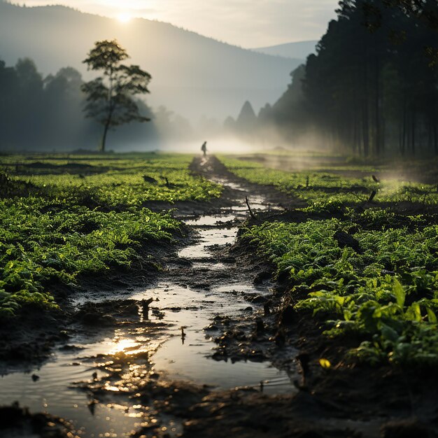 Campos de arroz de Vietnam en la luz del atardecer Paisaje de un bosque