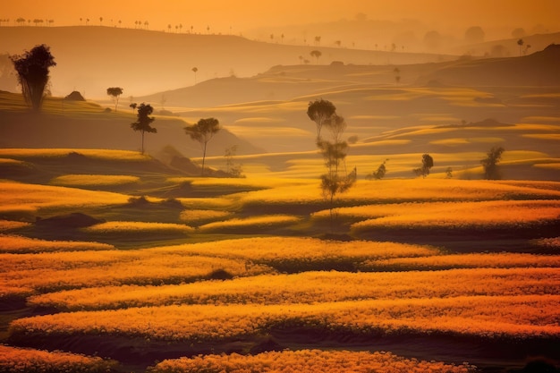 Campos de azafrán bañados por la luz dorada del sol al amanecer IA generativa