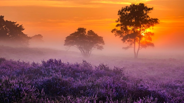 Los campos de brezo en flor, el brezo rosado púrpura en flor, la calefacción en flor en el parque Veluwe Zuiderheide.