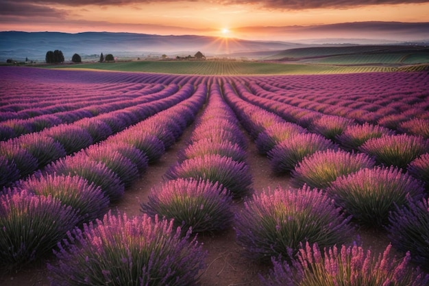 Campos cênicos de lavanda ao pôr-do-sol