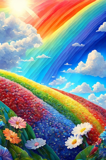 Campos de colores, arco iris y sol radiante, paisaje de arte.