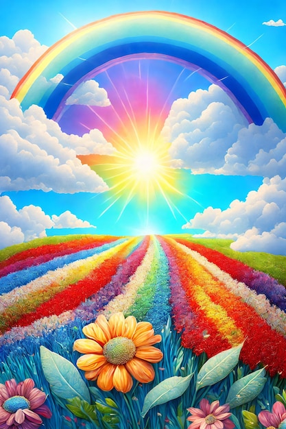 Campos de colores, arco iris y sol radiante, paisaje de arte.