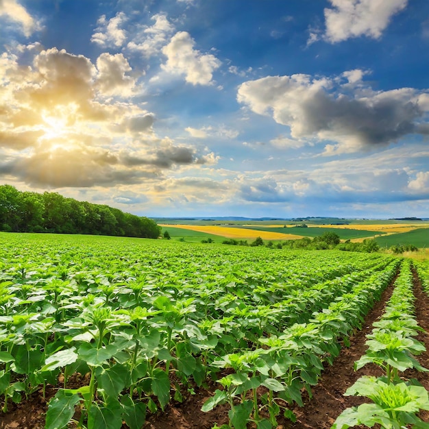 Los campos de crecimiento dorado están llenos de jóvenes cosechas de girasoles