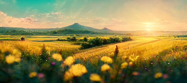 Campos de cultivo amarillo montañas horizonte y sol Ilustración dibujada banner de paisaje de verano soleado