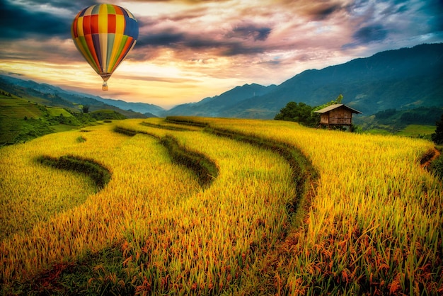 Campos de arroz em terraços com pavilhão de madeira e ballon ao pôr do sol em Mu Cang Chai YenBai Vietnam