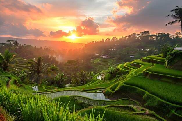 Campos de arroz em terraços em Bali, Indonésia, ao pôr-do-sol