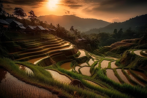 Campos de arroz em terraços vietnamitas ao pôr do sol Generative AI