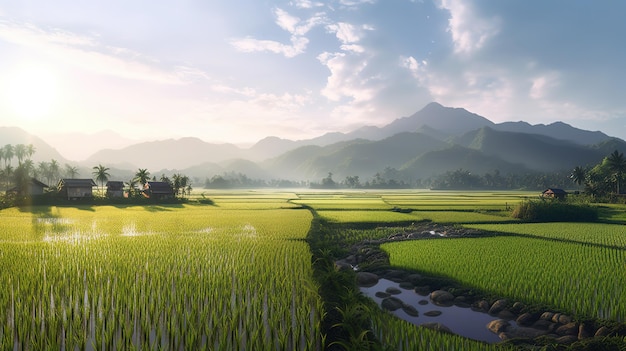 campos de arroz panorama na luz da manhã