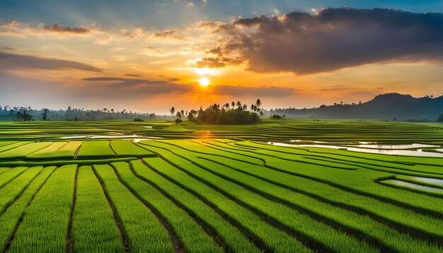 Foto campos de arroz pela manhã com um pôr-do-sol