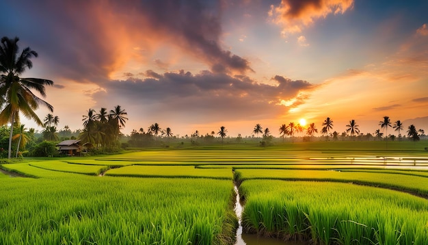 Foto campos de arroz pela manhã com uma cachoeira ao fundo