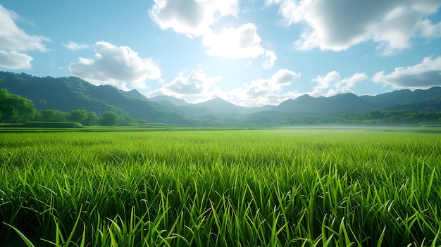 Campos de arroz verdes com céu limpo