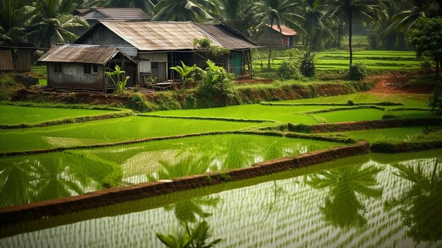 Foto campos de arroz verdes e exuberantes do alto