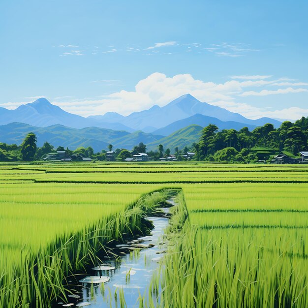 Campos de arroz verdes e paisagens montanhosas e um céu azul claro