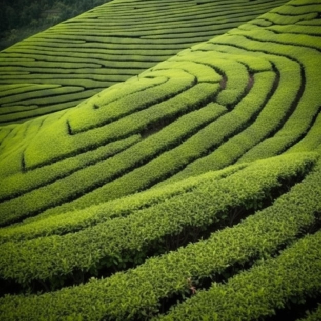 Campos de chá verde com um campo verde e a palavra chá no fundo