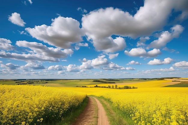 Campos de colza em flor em um dia ensolarado vista de cima